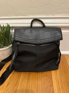 Botkier Mini Trigger Backpack Black Nylon Leather Flap Logo Strap -New